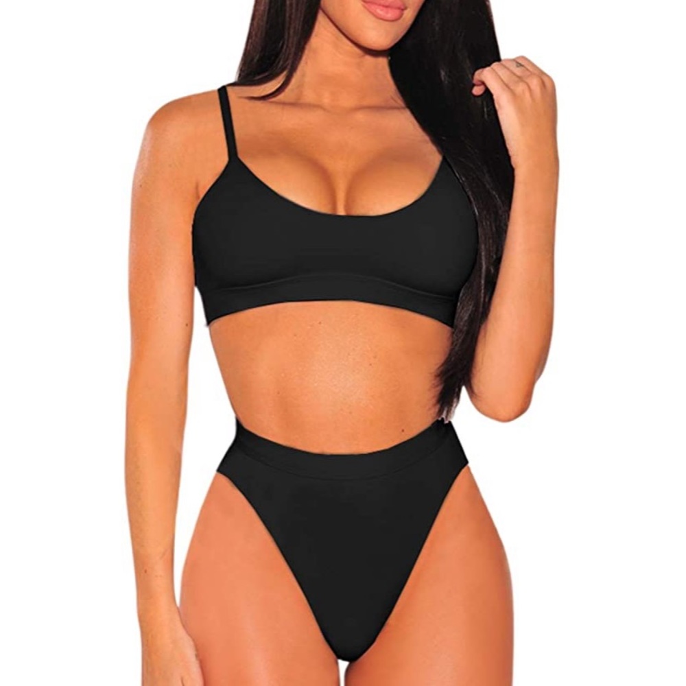 Black high waisted, high cut swimsuit